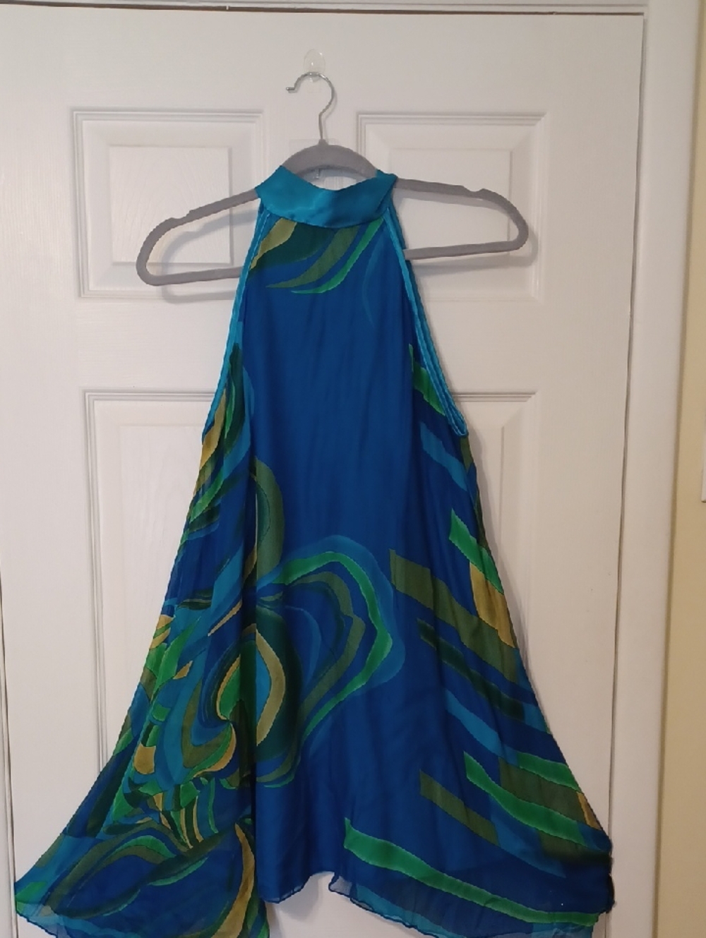 Wet Seal Sz L, Blue Halter High-Low Dress with Green and Yellow Abstract Print